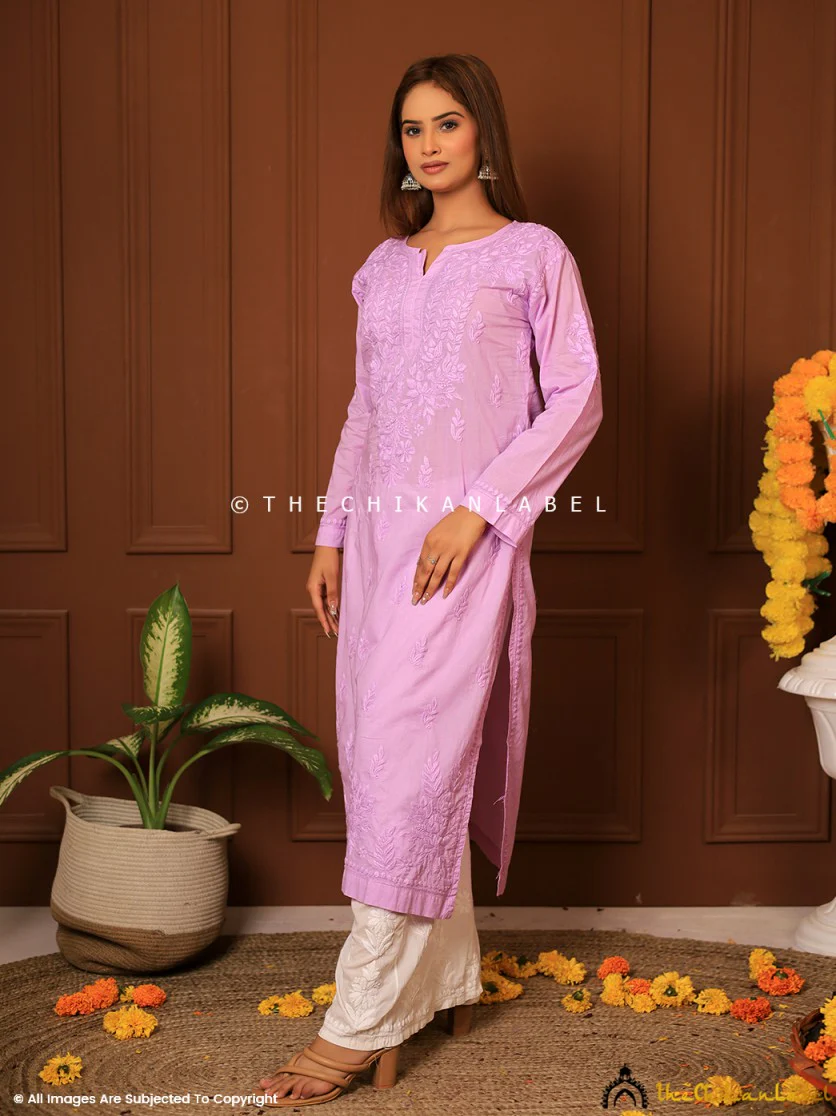 Lavender Riyad Cotton Chikankari Straight Kurti - Image 4