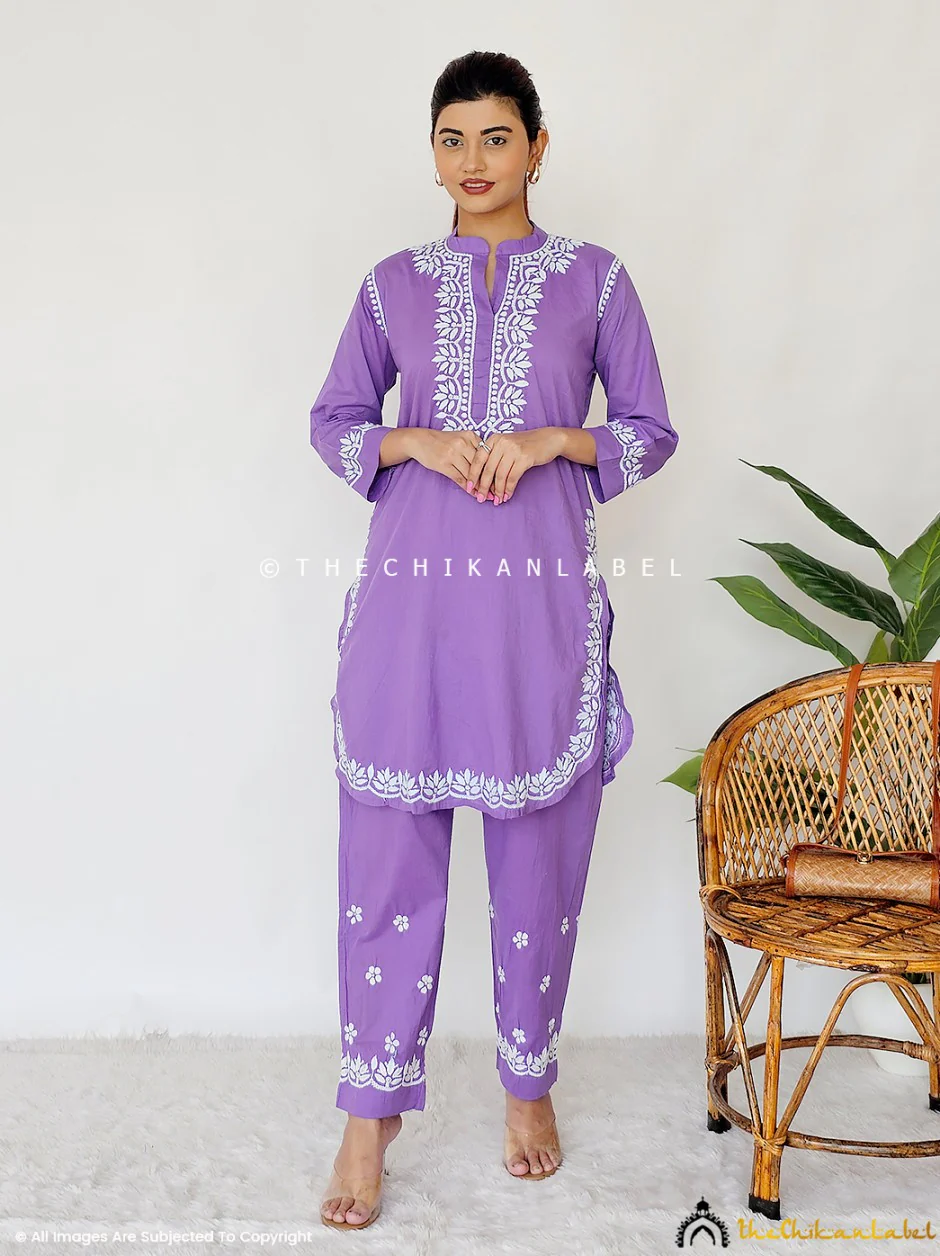 Rumi Organic Cotton Chikankari Kurta Set -Lavender - Image 4