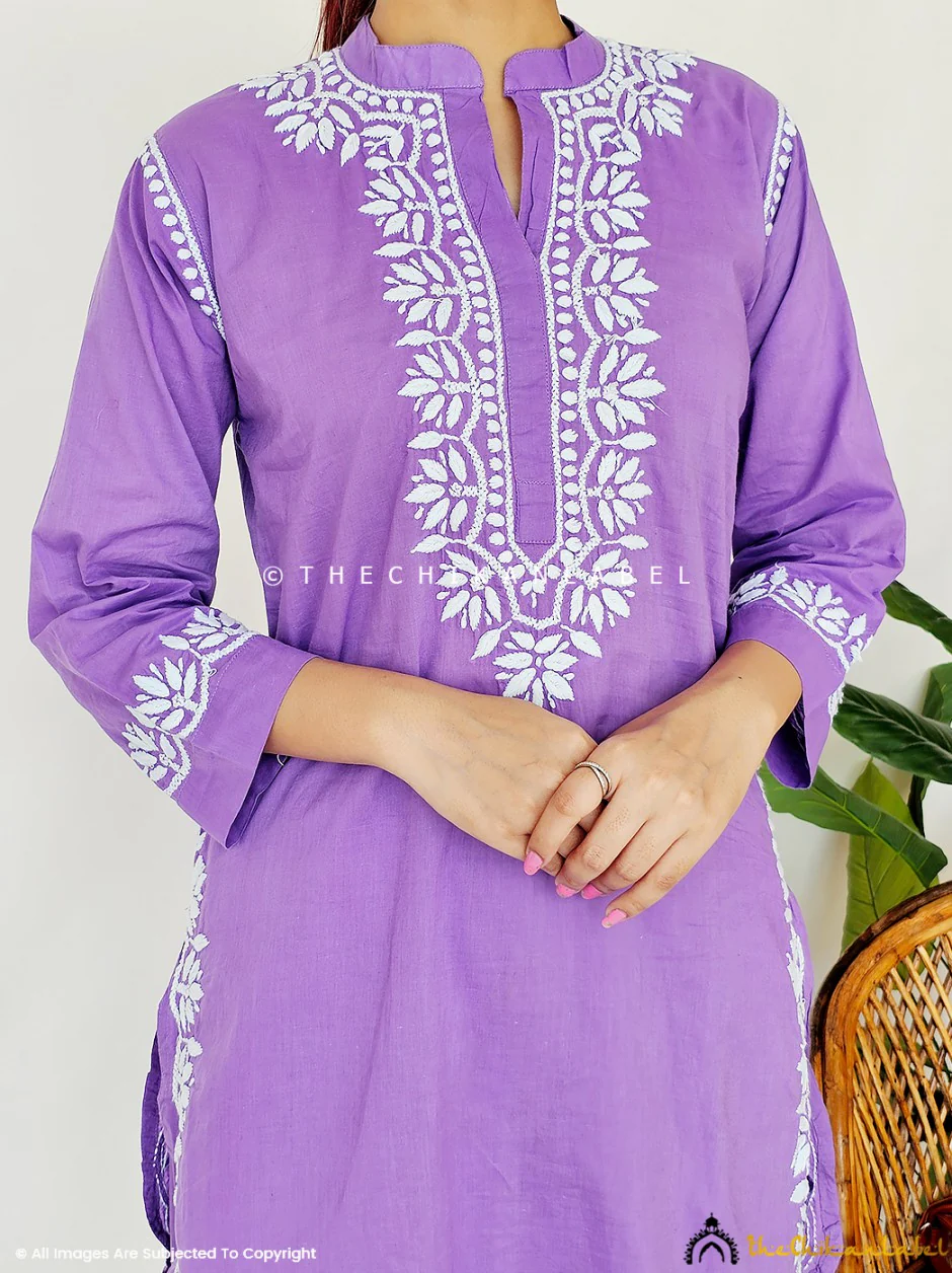Rumi Organic Cotton Chikankari Kurta Set -Lavender - Image 5