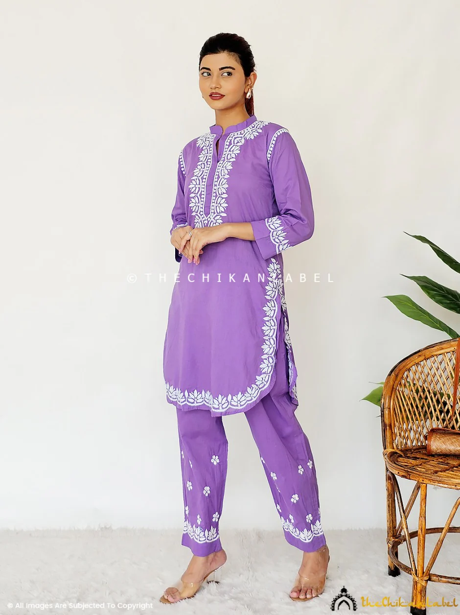Rumi Organic Cotton Chikankari Kurta Set -Lavender - Image 6