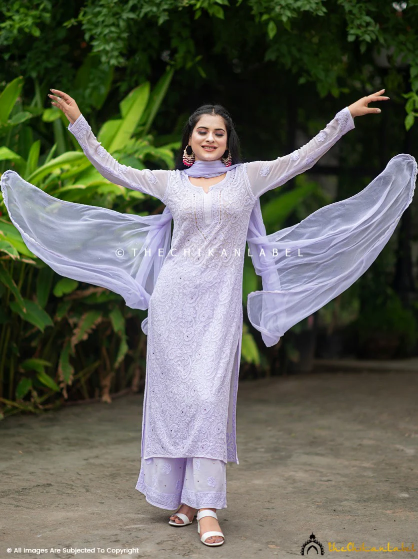 Sitara Chikankari Viscose Kurta Set with Dupatta - Lavender - Image 4