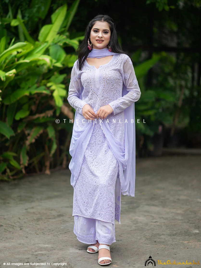 Sitara Chikankari Viscose Kurta Set with Dupatta - Lavender - Image 5