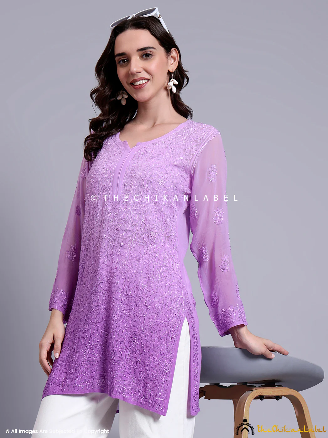 Vanya Viscose Chikankari Short Jaal Kurti - Lavender - Image 7