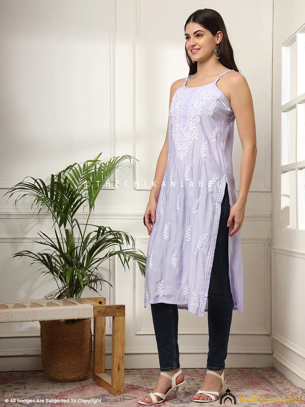 Zubaida Chanderi Chikankari Strappy Kurta - Lavender - Image 4