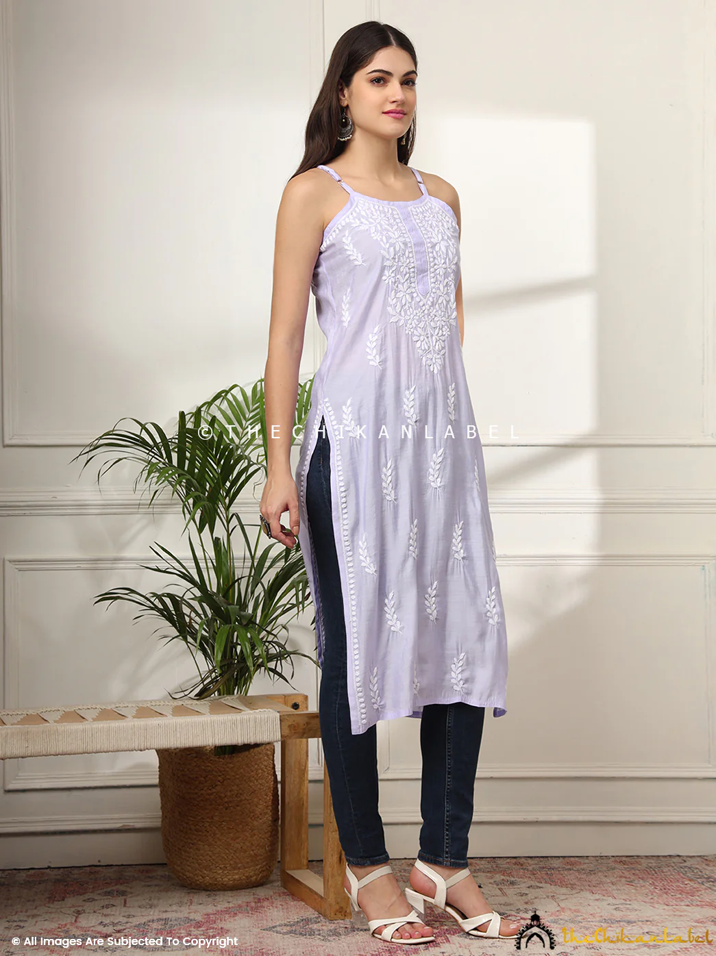 Zubaida Chanderi Chikankari Strappy Kurta - Lavender - Image 5