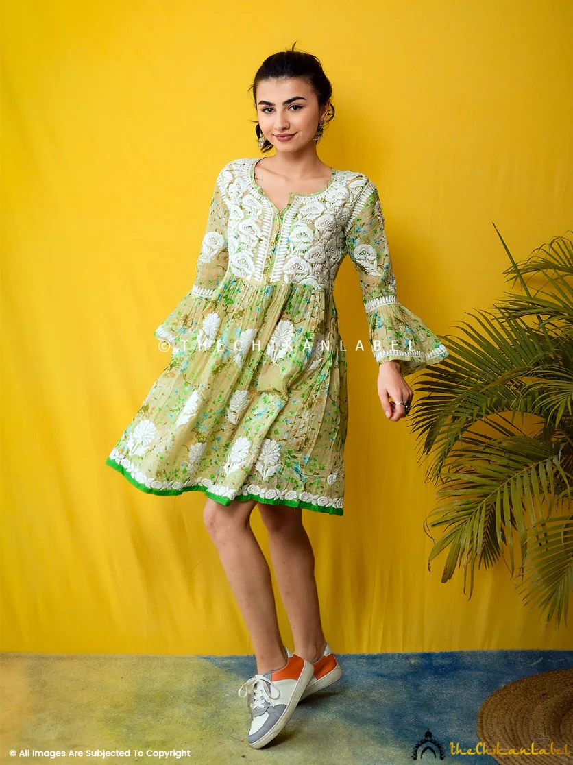 Hanifa Mulmul Chikankari Peplum Top - Light Green - Image 3