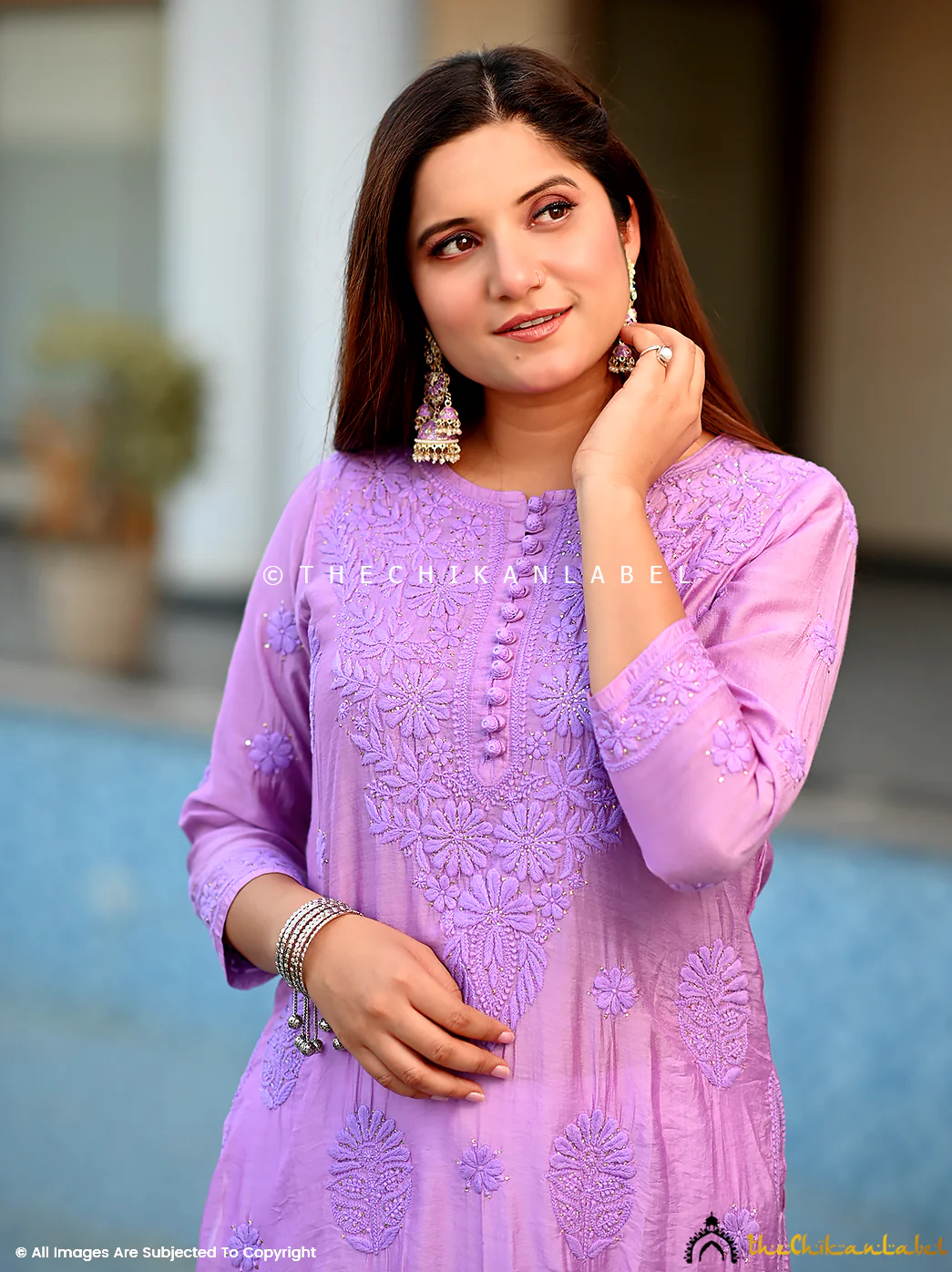 Aniya Chanderi Chikankari Straight Kurti - Lilac - Image 2