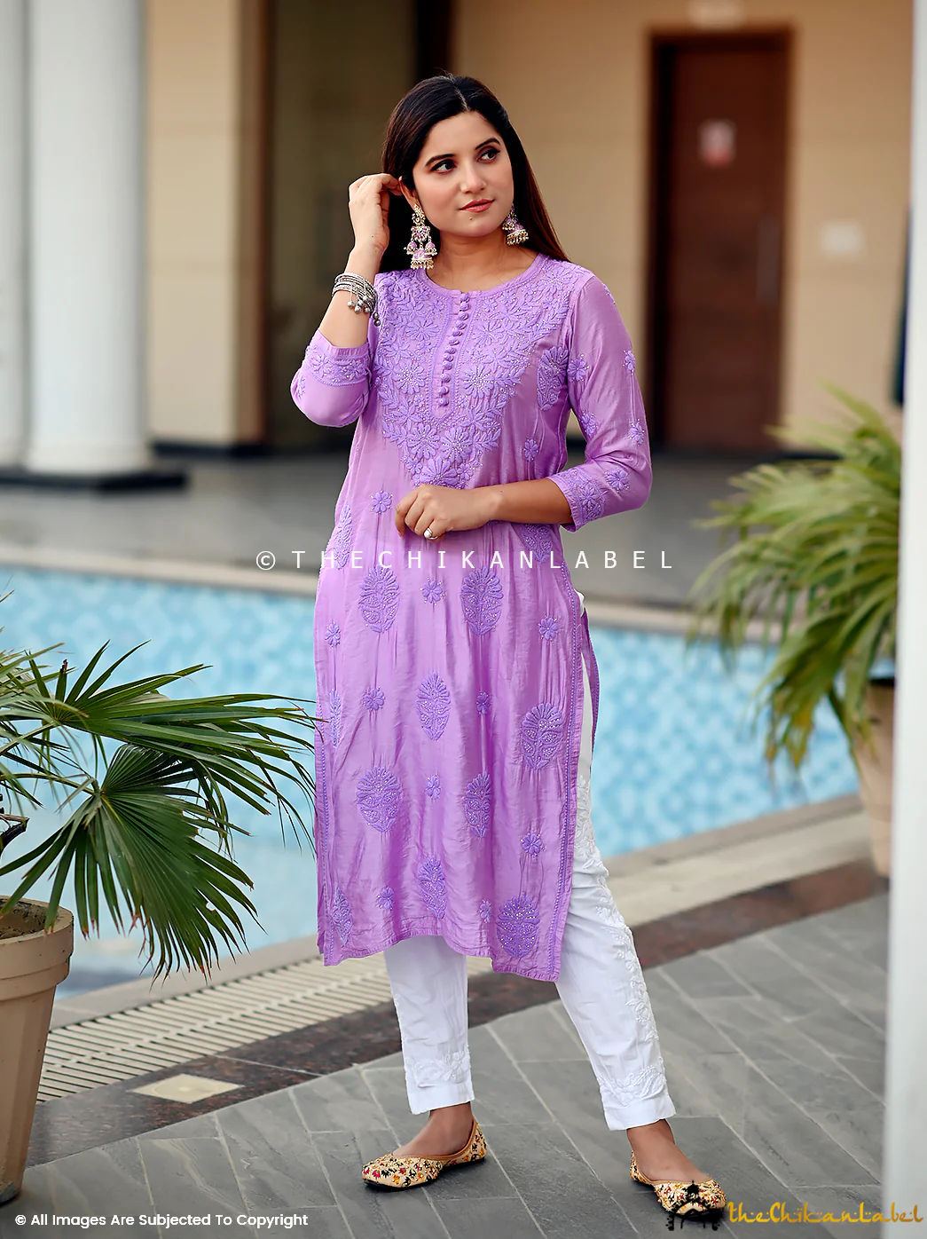 Aniya Chanderi Chikankari Straight Kurti - Lilac - Image 3