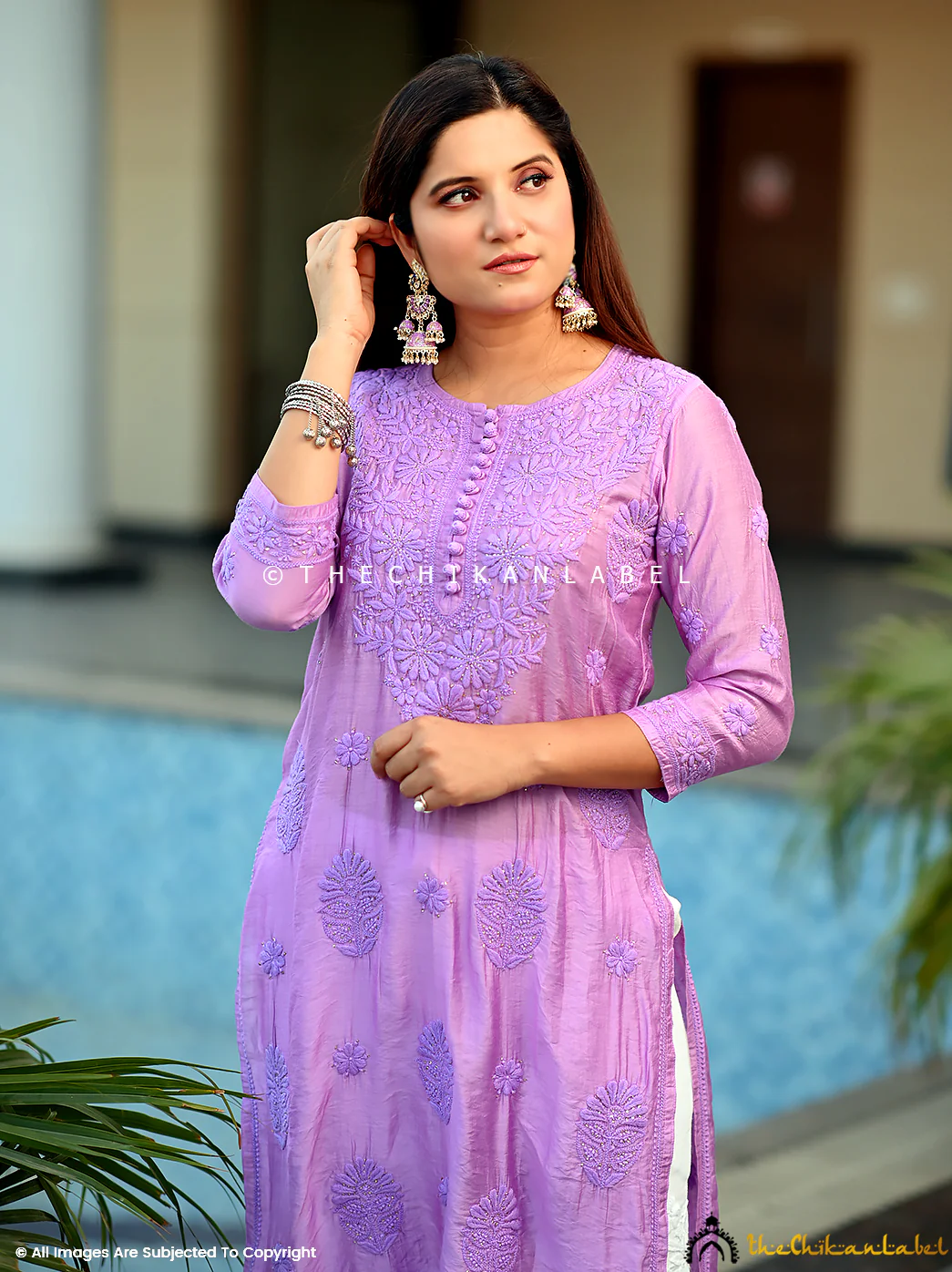 Aniya Chanderi Chikankari Straight Kurti - Lilac - Image 4