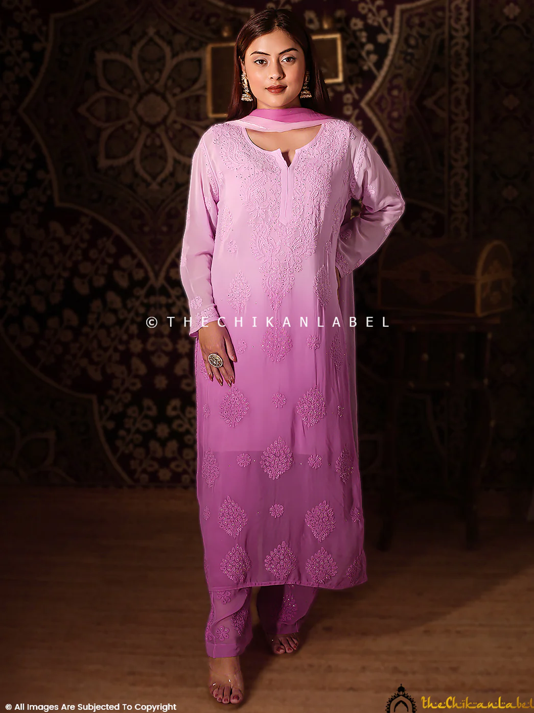 Lilac Noor Viscose Chikankari Straight Kurta Set with Dupatta