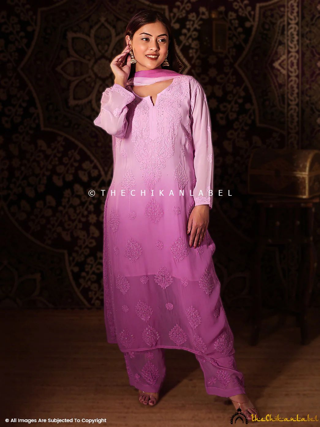 Lilac Noor Viscose Chikankari Straight Kurta Set with Dupatta - Image 2
