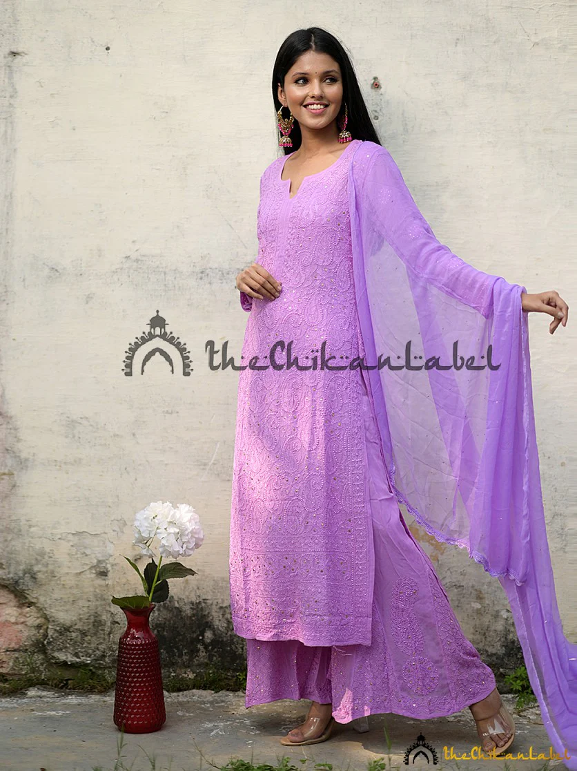 Tara Viscose Chikankari Kurta Set with Dupatta - Lilac - Image 2
