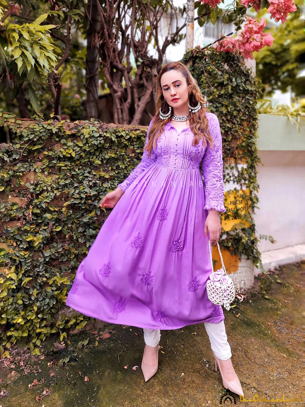 Titli Muslin Chikankari Anarkali - Lilac - Image 3