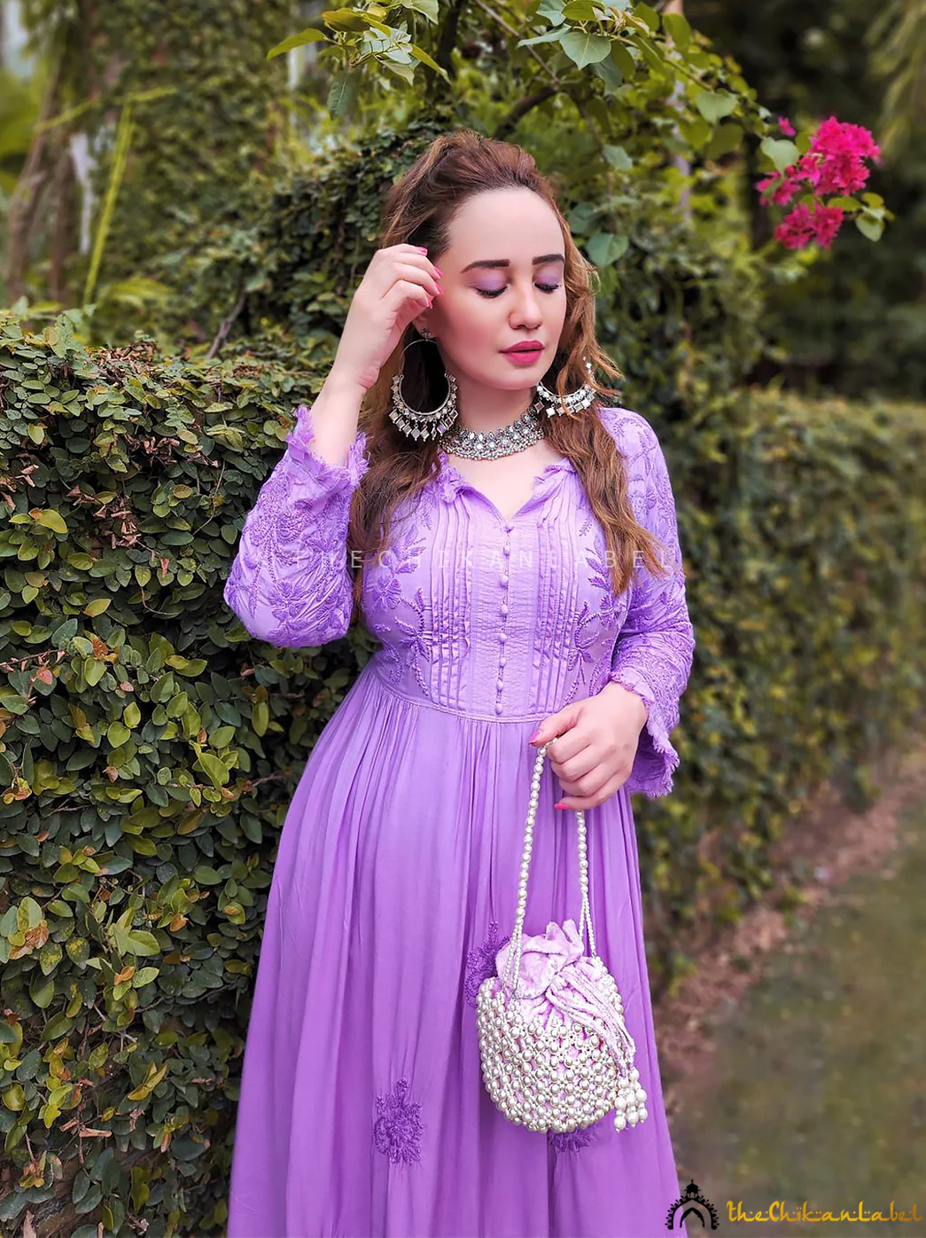 Titli Muslin Chikankari Anarkali - Lilac - Image 4