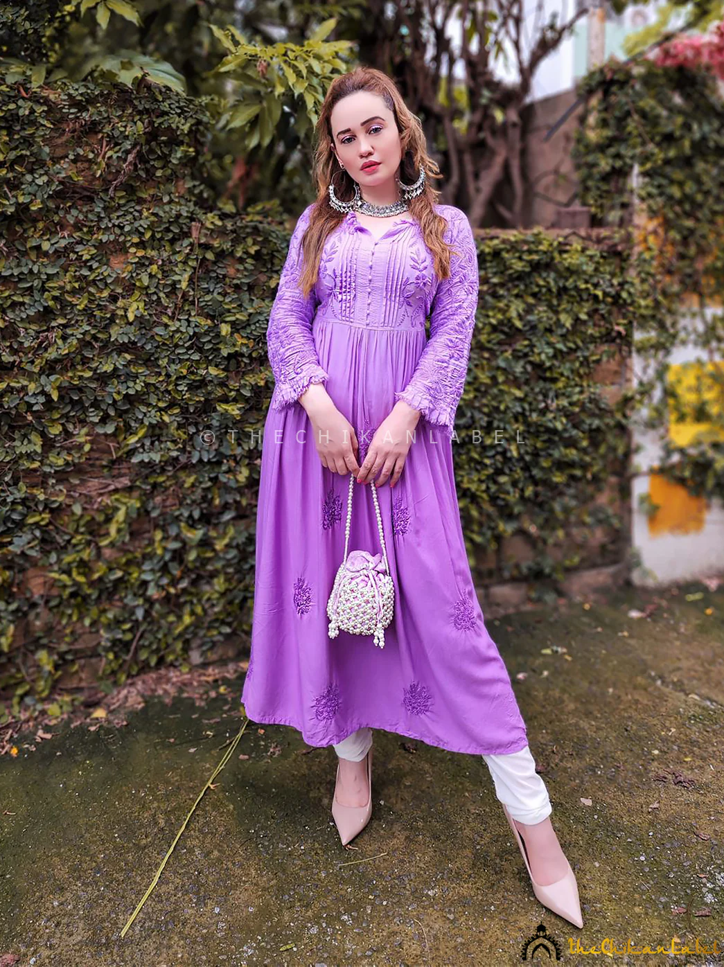 Titli Muslin Chikankari Anarkali - Lilac - Image 5