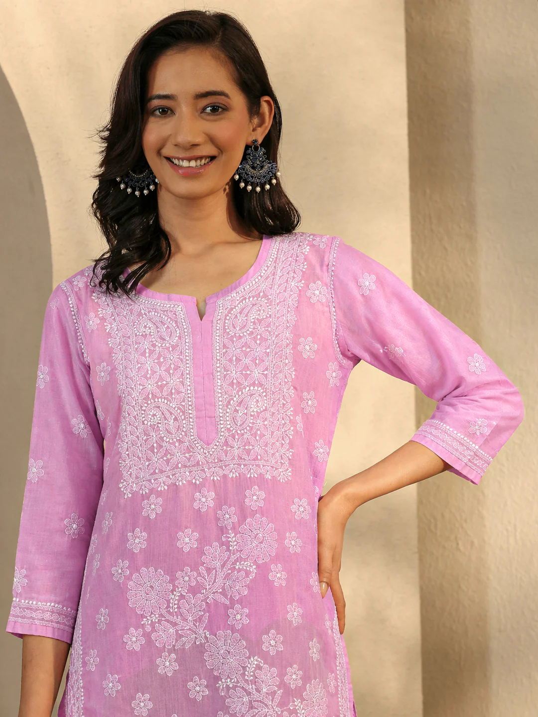 Lilac Vira Cotton Chikankari Straight Kurti with inner - Image 2