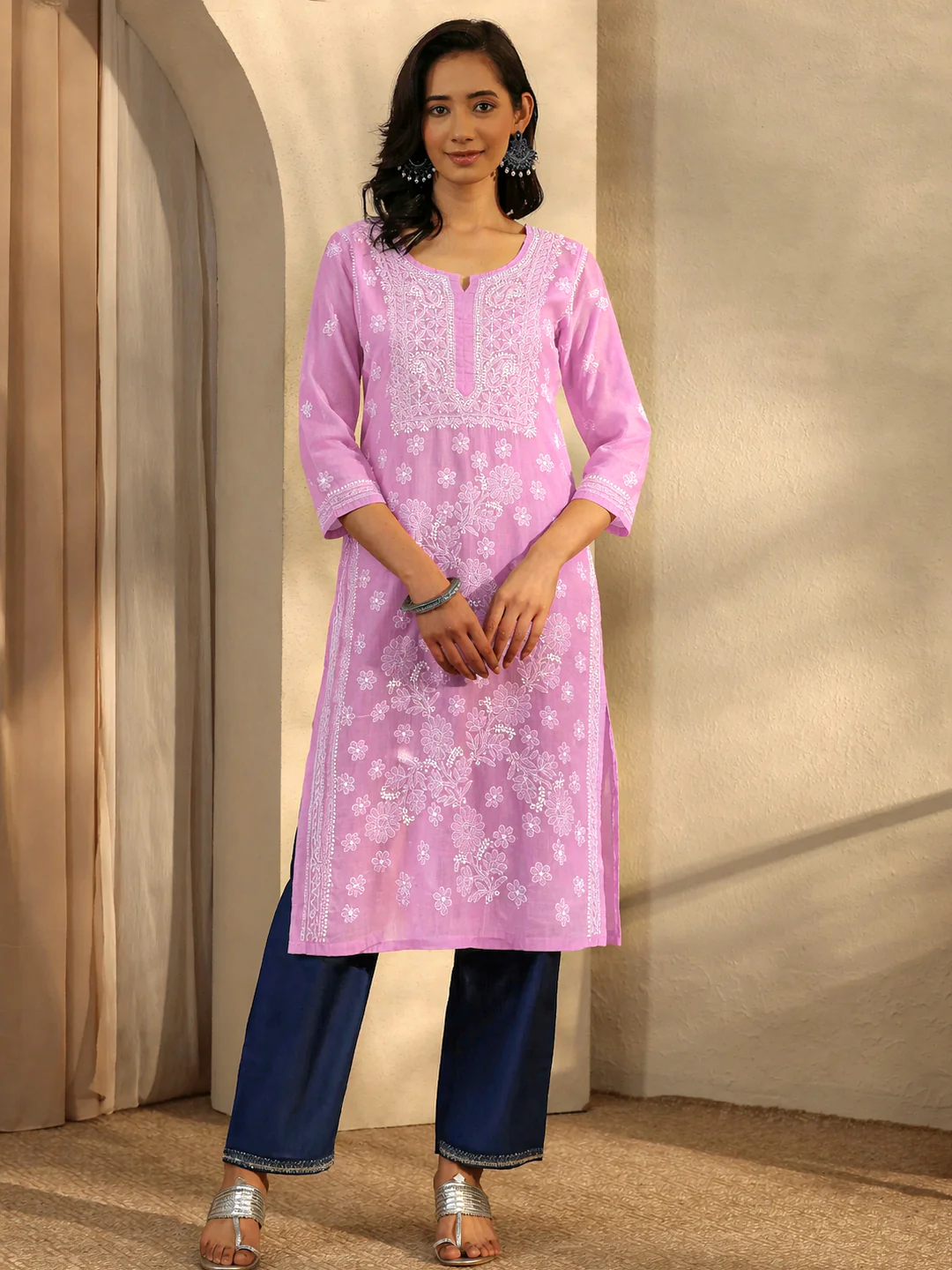 Lilac Vira Cotton Chikankari Straight Kurti with inner - Image 5