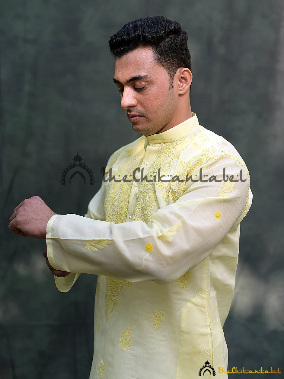 Lime Cotton Mens Kurta Lucknawi Chikankari Handmade - Image 3