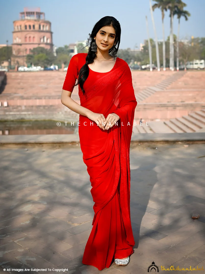 Maheera Viscose Chikankari Saree - Red - Image 5