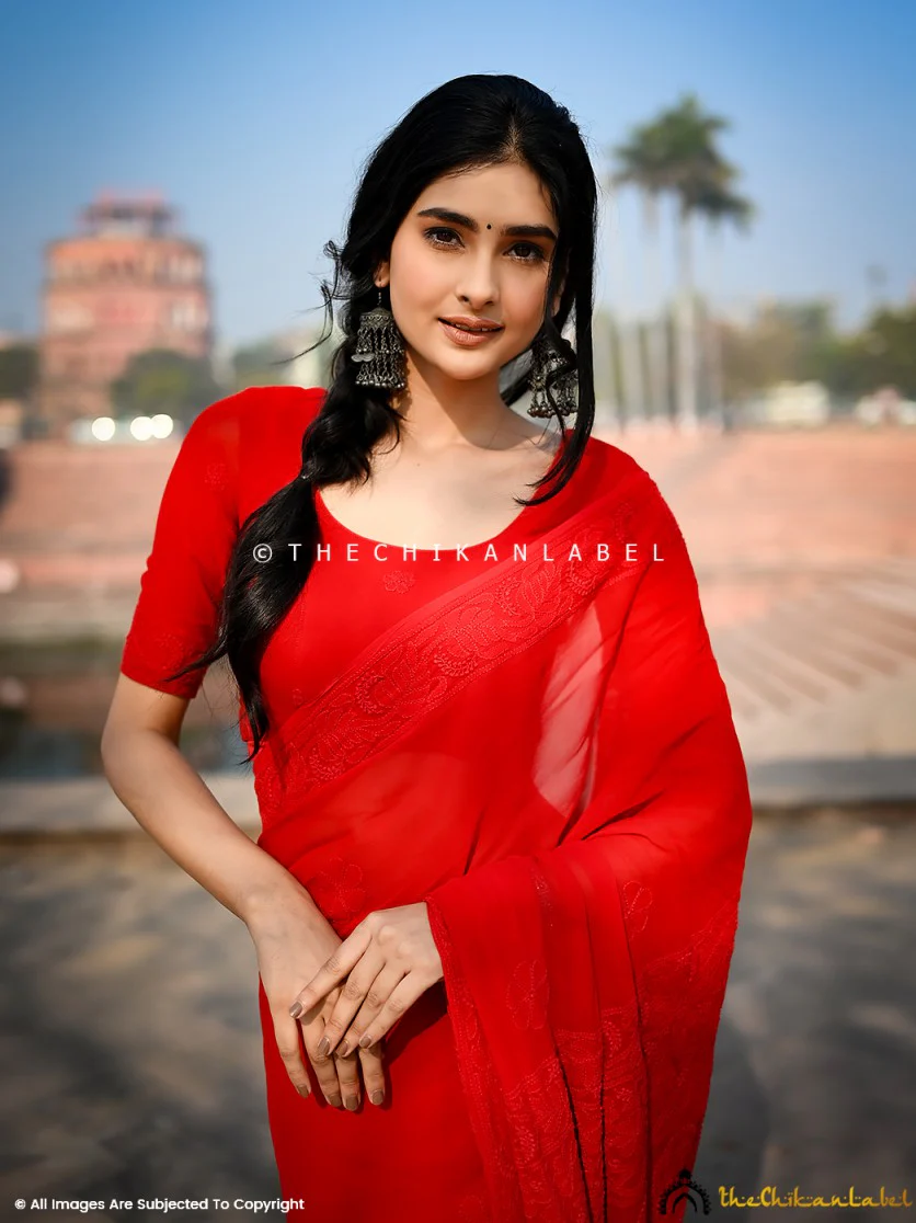 Maheera Viscose Chikankari Saree - Red - Image 6