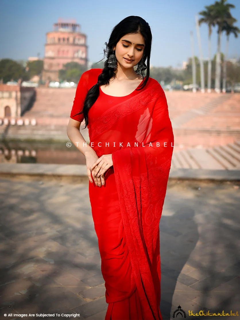 Maheera Viscose Chikankari Saree - Red - Image 7