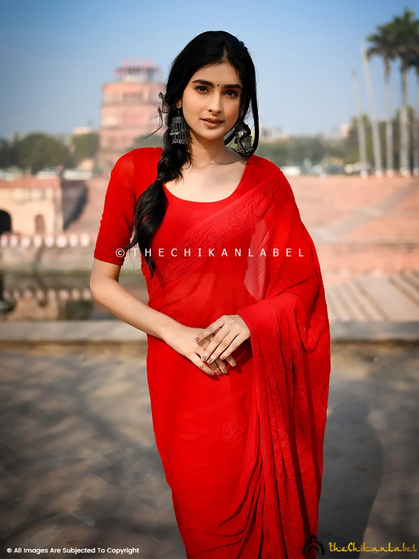 Maheera Viscose Chikankari Saree - Red - Image 8