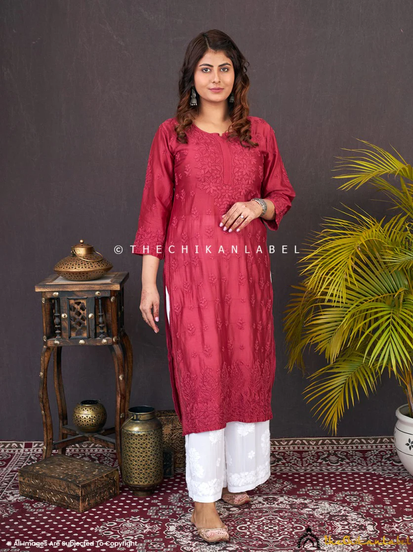 Afseen Chanderi Chikankari Straight Kurti -Maroon - Image 10