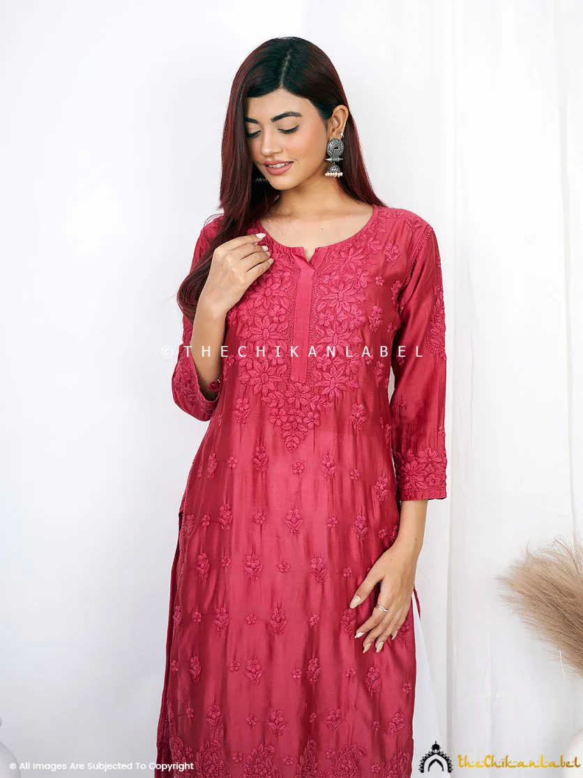 Afseen Chanderi Chikankari Straight Kurti -Maroon - Image 3