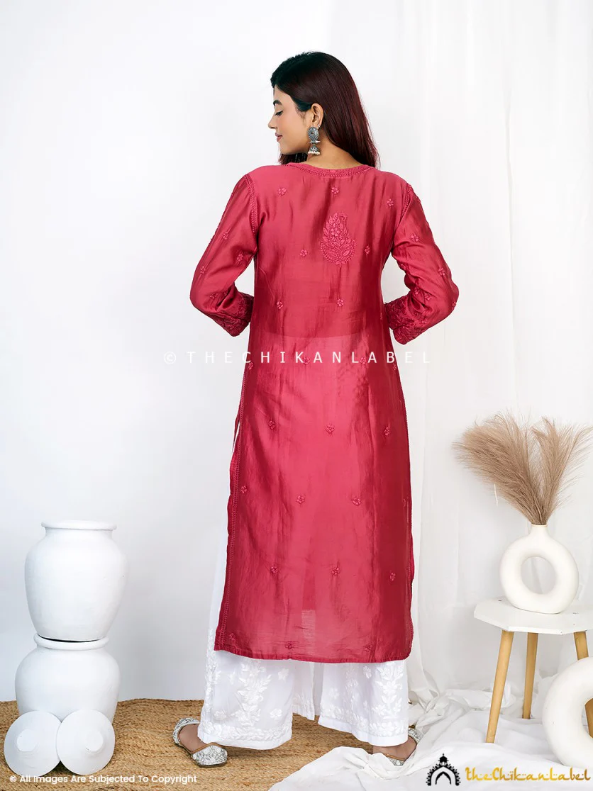 Afseen Chanderi Chikankari Straight Kurti -Maroon - Image 4