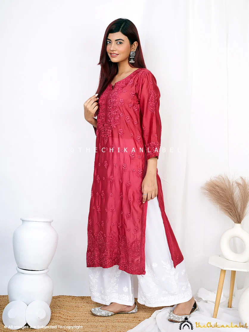Afseen Chanderi Chikankari Straight Kurti -Maroon - Image 5