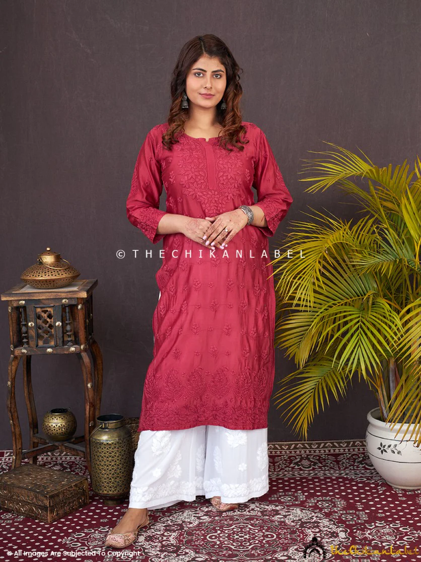 Afseen Chanderi Chikankari Straight Kurti -Maroon - Image 6