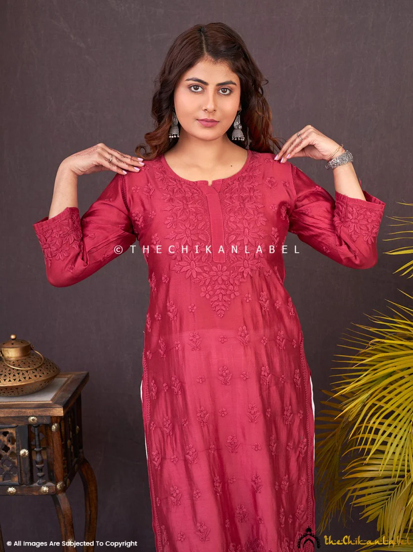 Afseen Chanderi Chikankari Straight Kurti -Maroon - Image 7