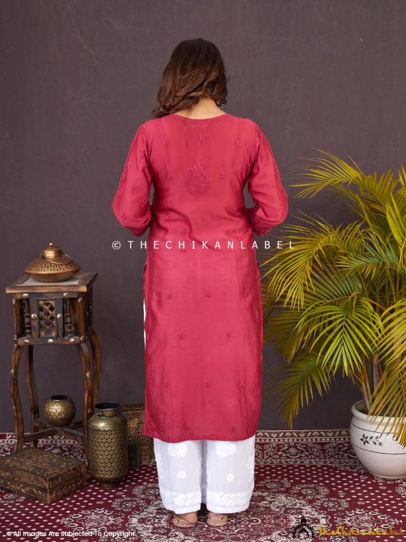Afseen Chanderi Chikankari Straight Kurti -Maroon - Image 8