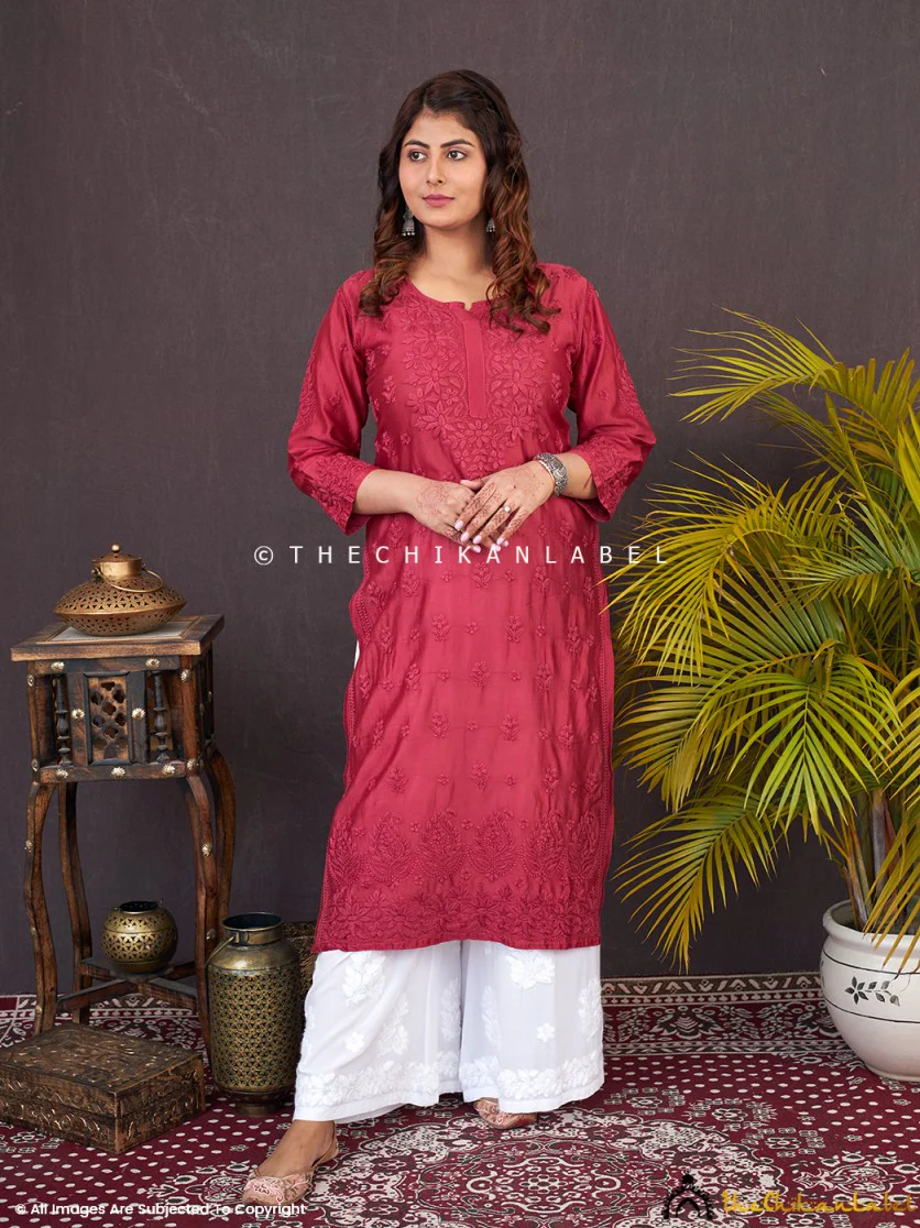 Afseen Chanderi Chikankari Straight Kurti -Maroon - Image 9