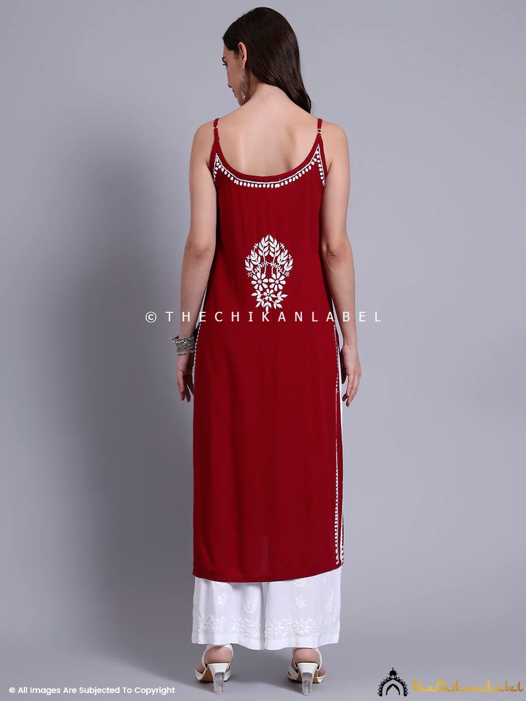 Aliza Modal Chikankari Strappy Long Kurta - Maroon - Image 3