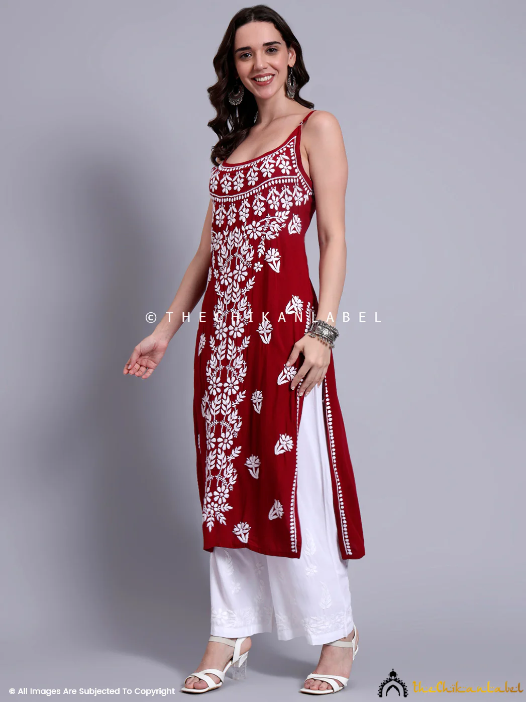 Aliza Modal Chikankari Strappy Long Kurta - Maroon - Image 4