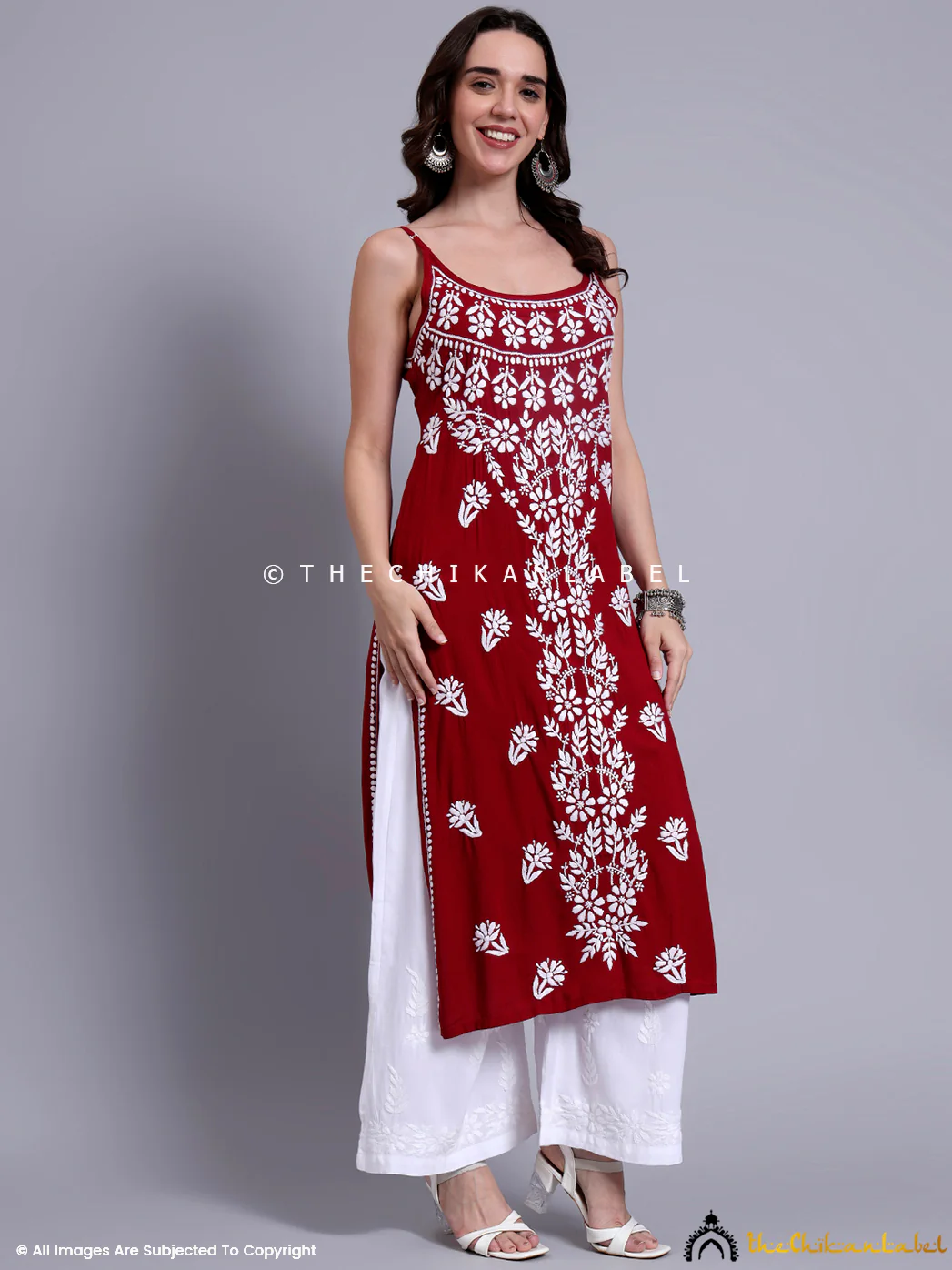 Aliza Modal Chikankari Strappy Long Kurta - Maroon - Image 5