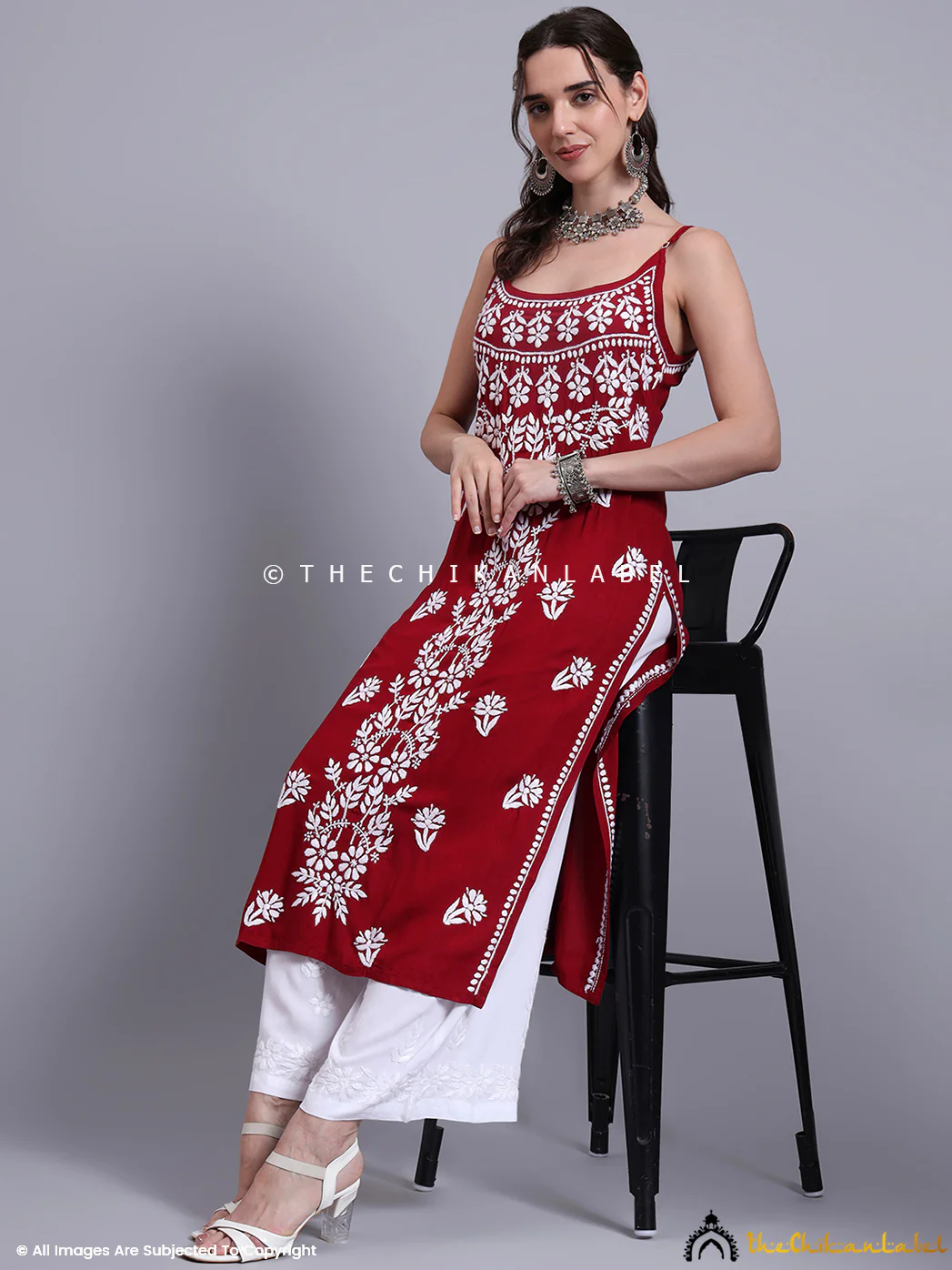 Aliza Modal Chikankari Strappy Long Kurta - Maroon - Image 6