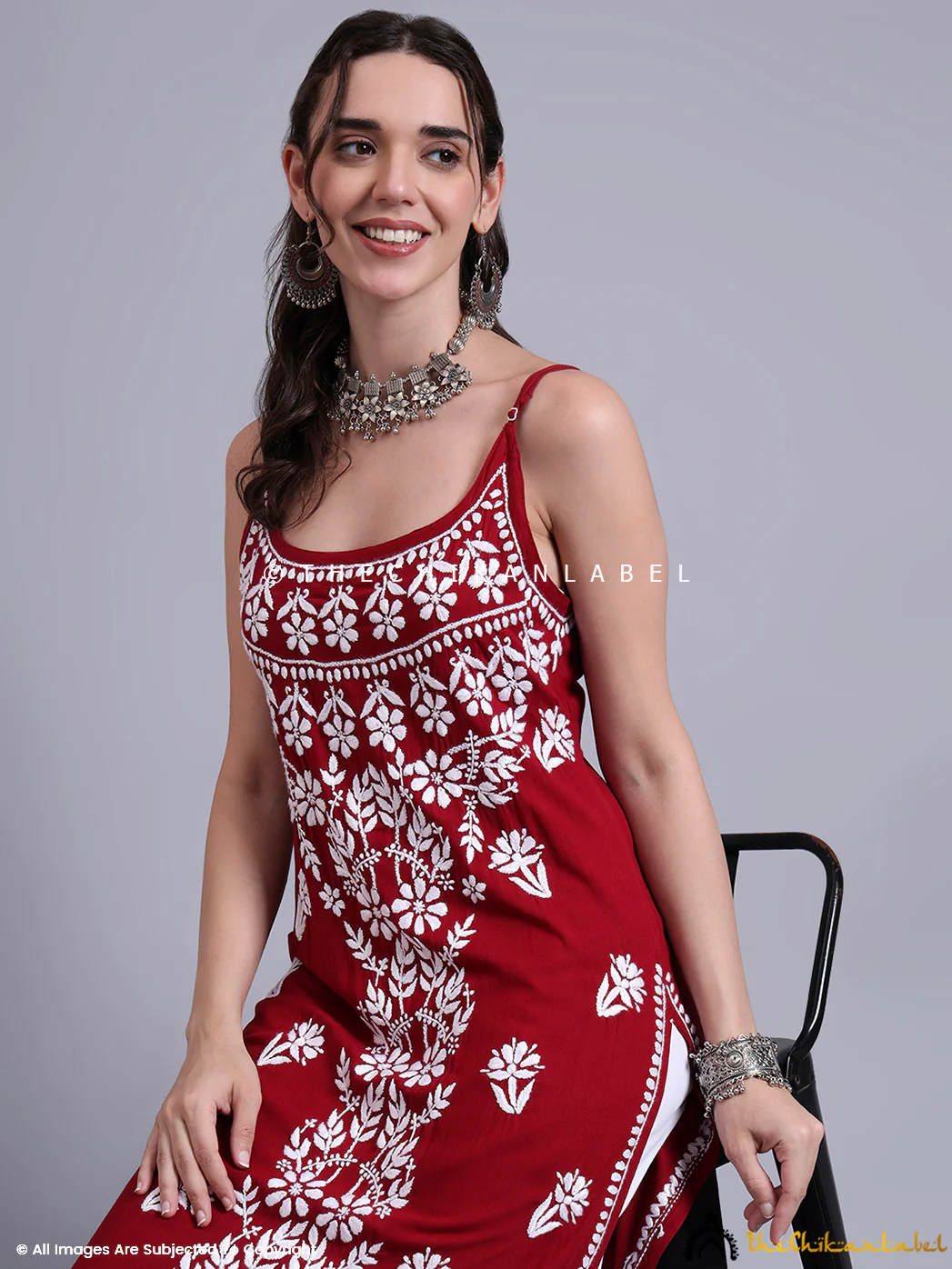 Aliza Modal Chikankari Strappy Long Kurta - Maroon - Image 7