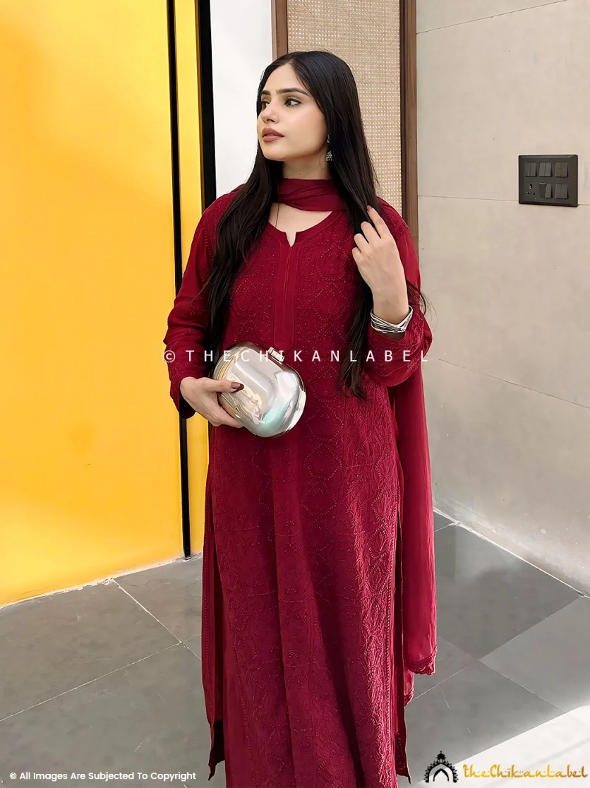 Maroon Aria Viscose Chikankari Kurta Set - Image 2