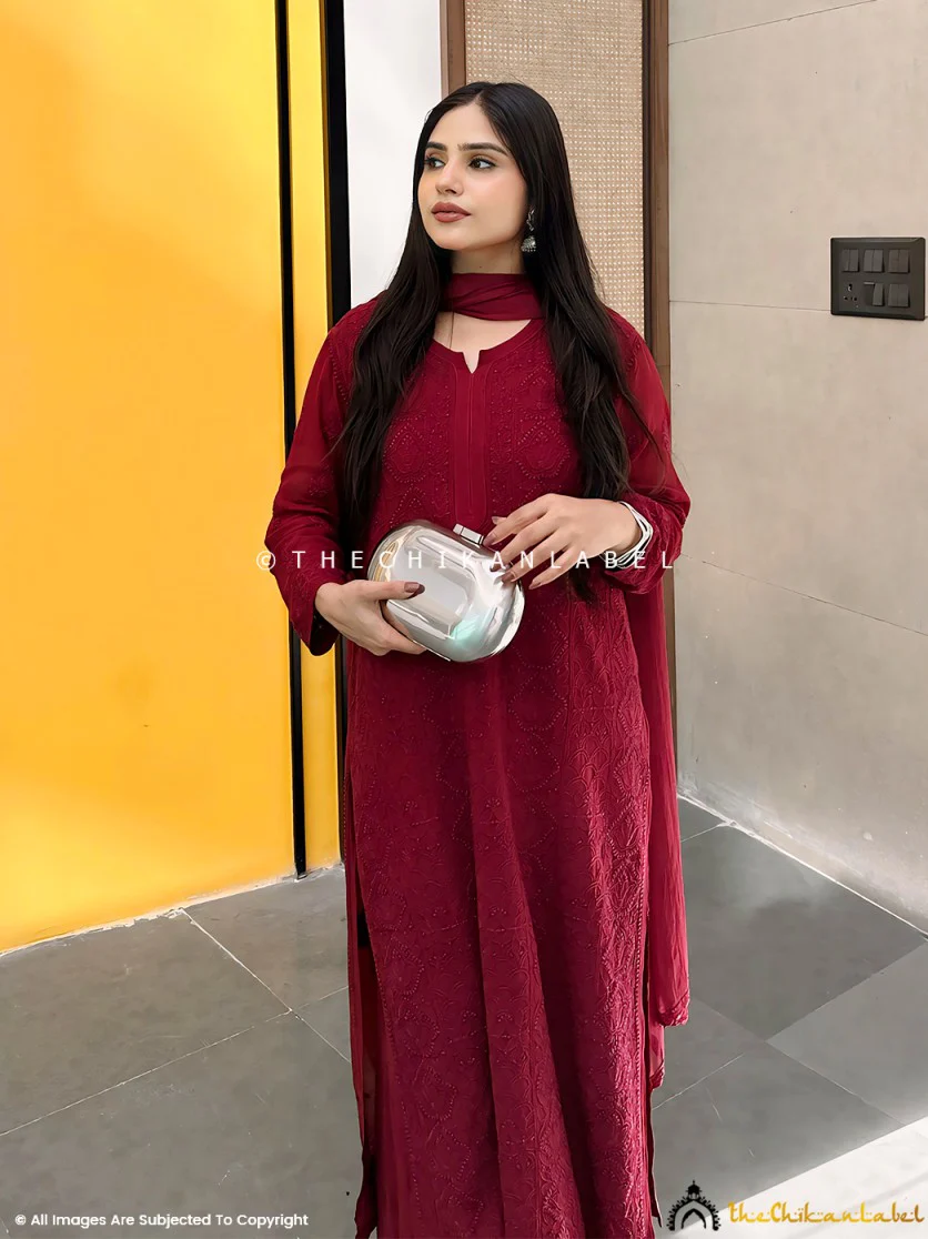Maroon Aria Viscose Chikankari Kurta Set - Image 3