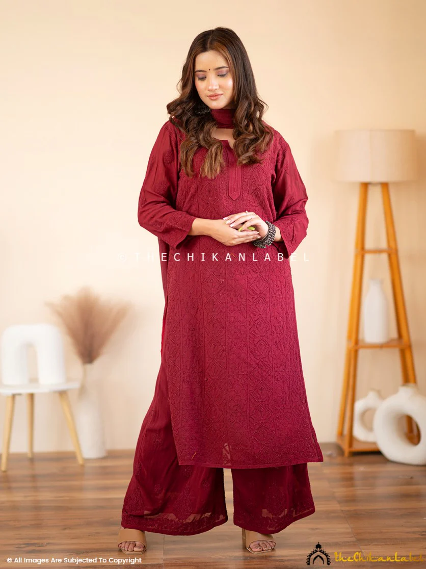 Maroon Aria Viscose Chikankari Kurta Set - Image 4