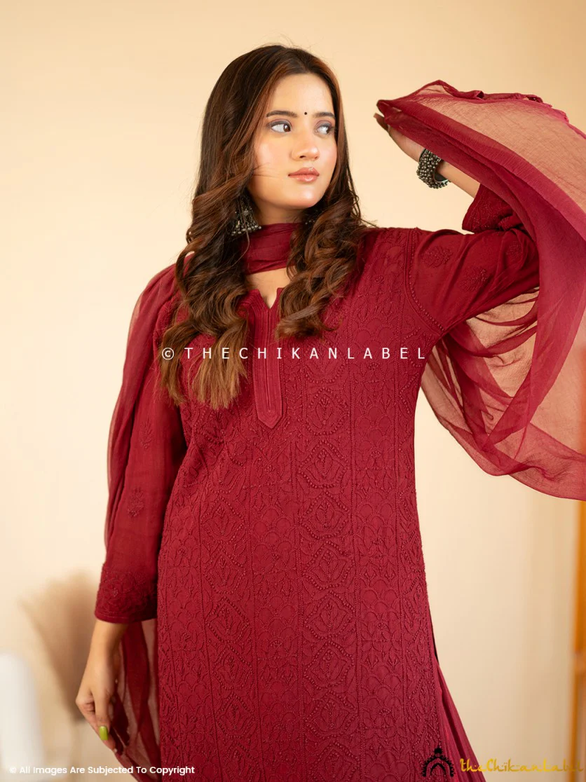 Maroon Aria Viscose Chikankari Kurta Set - Image 5