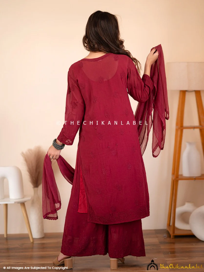 Maroon Aria Viscose Chikankari Kurta Set - Image 6