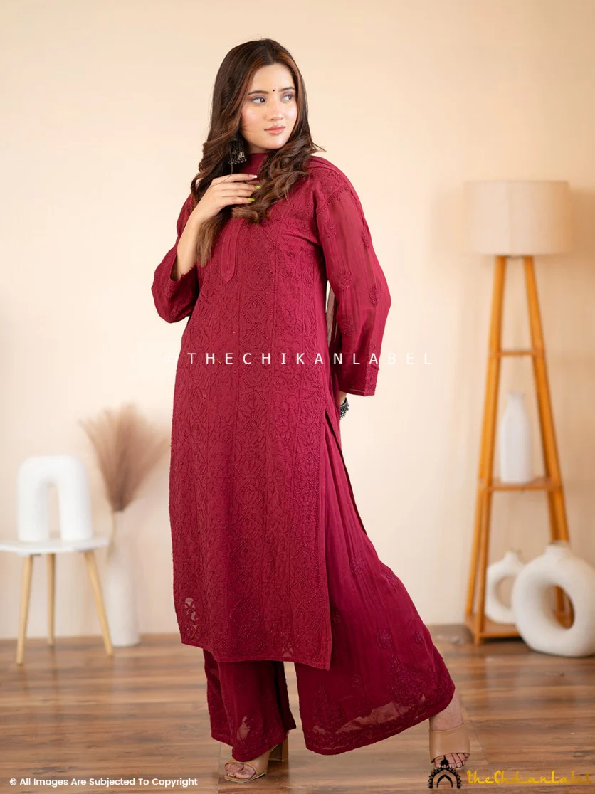 Maroon Aria Viscose Chikankari Kurta Set - Image 7