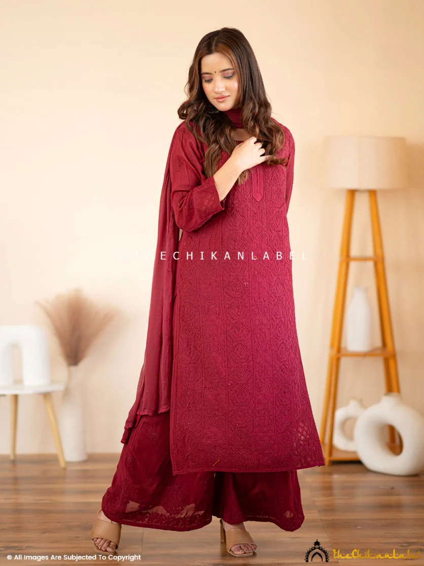Maroon Aria Viscose Chikankari Kurta Set - Image 8