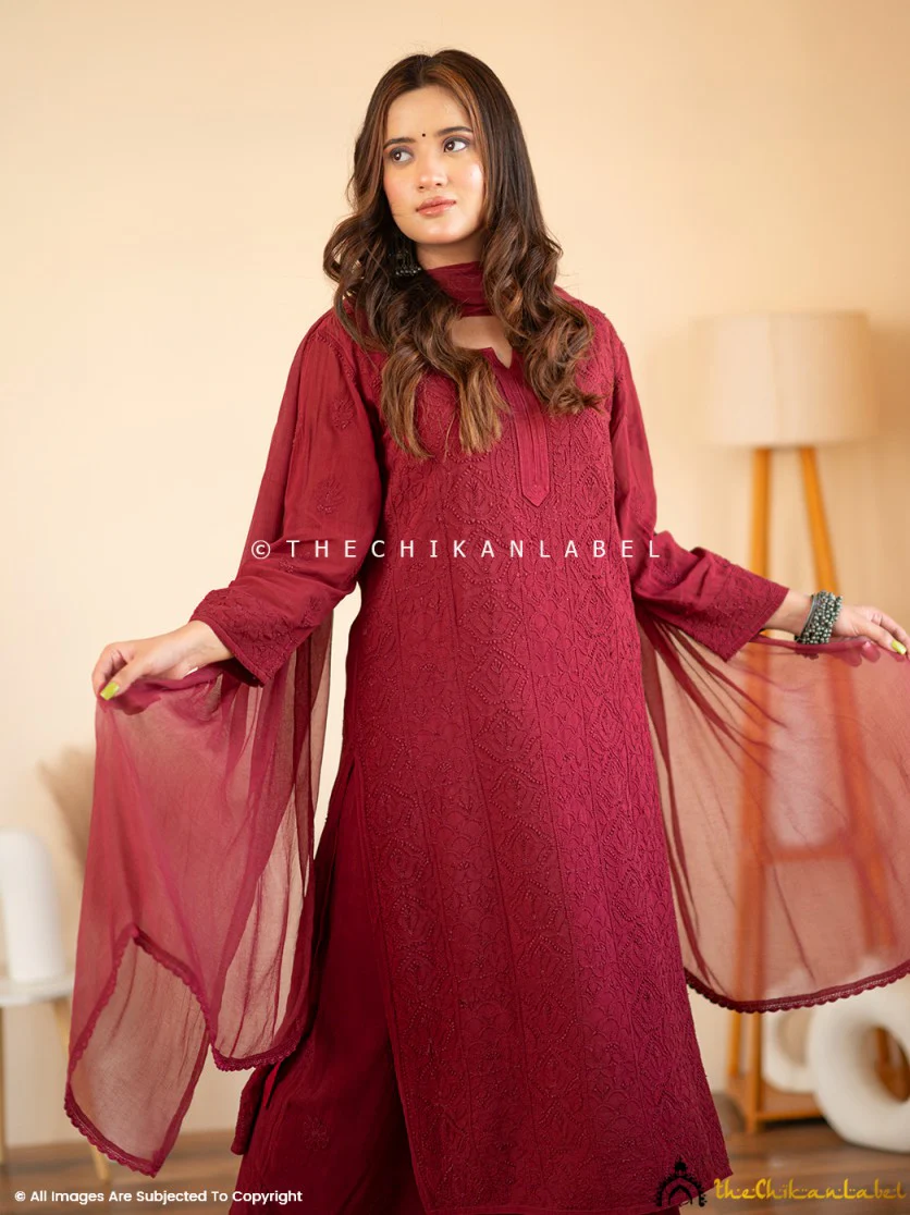 Maroon Aria Viscose Chikankari Kurta Set - Image 9