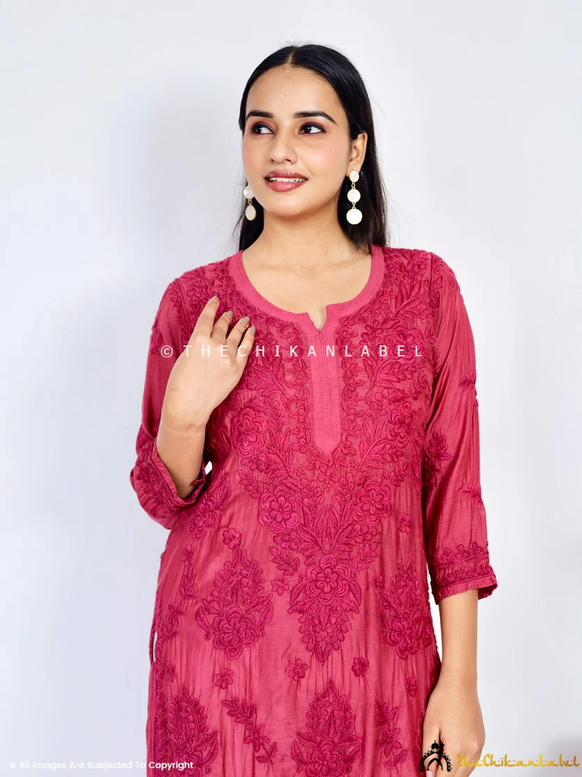 Daksha Muslin Chikankari Straight Kurti - Maroon - Image 2