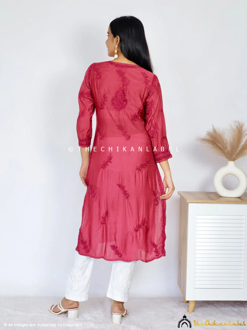 Daksha Muslin Chikankari Straight Kurti - Maroon - Image 3