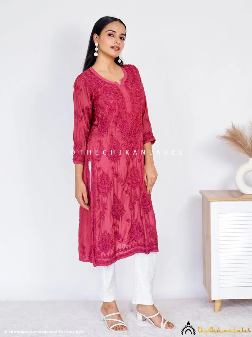 Daksha Muslin Chikankari Straight Kurti - Maroon - Image 4